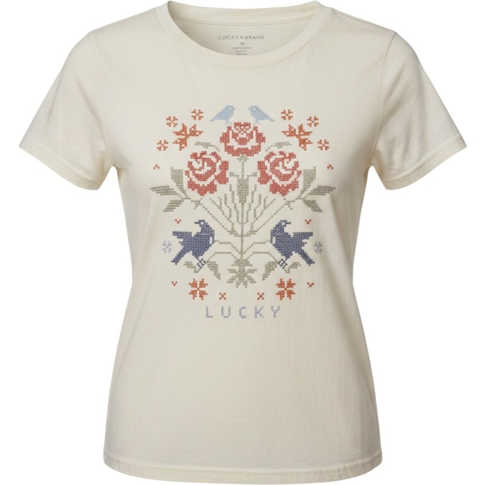 NEW Lucky Brand Cream Cross Stitch Floral Bird Graphic T-Shirt Women's Size M